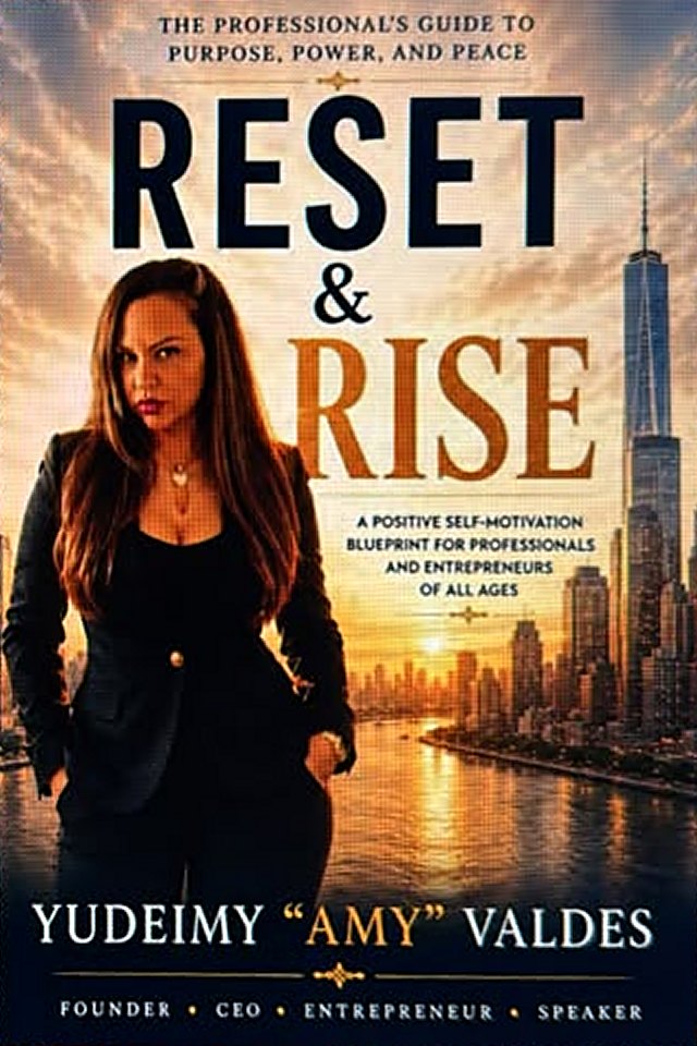Cover of Reset & Rise by Yudeimy “Amy” Valdes: Amy stands in a black suit before a city skyline at sunset.